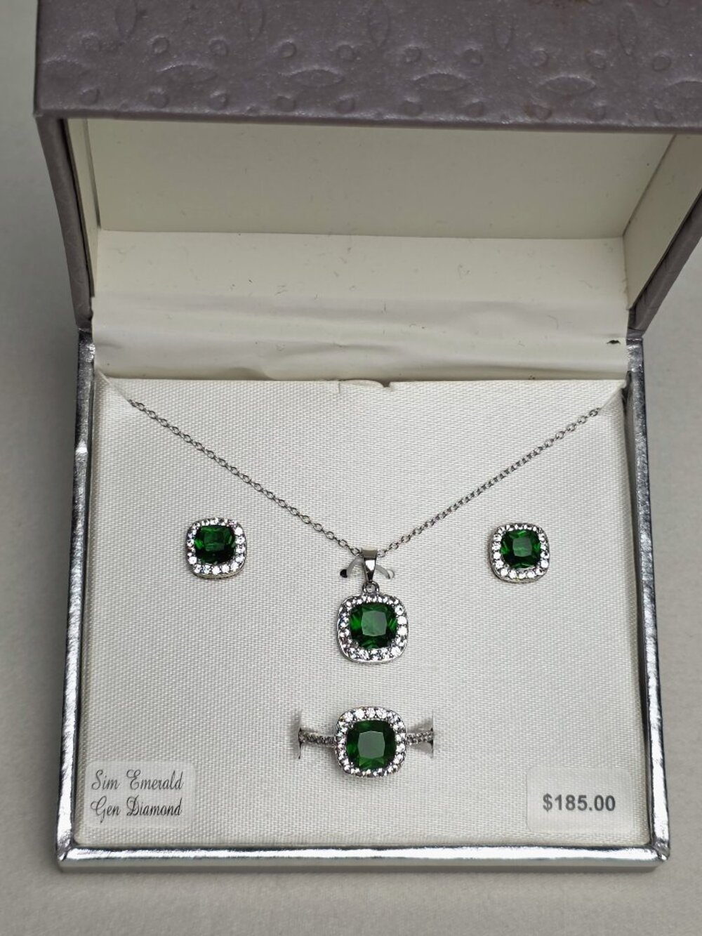Kiran Jewels Sterling Silver Sim Emerald & Lab White Sapphire Halo Jewelry Set
